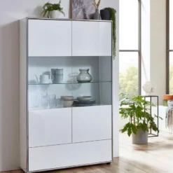 Hioshop Kenan vitrinekast 2 deuren- 1 lade wit hoogglans gelakt