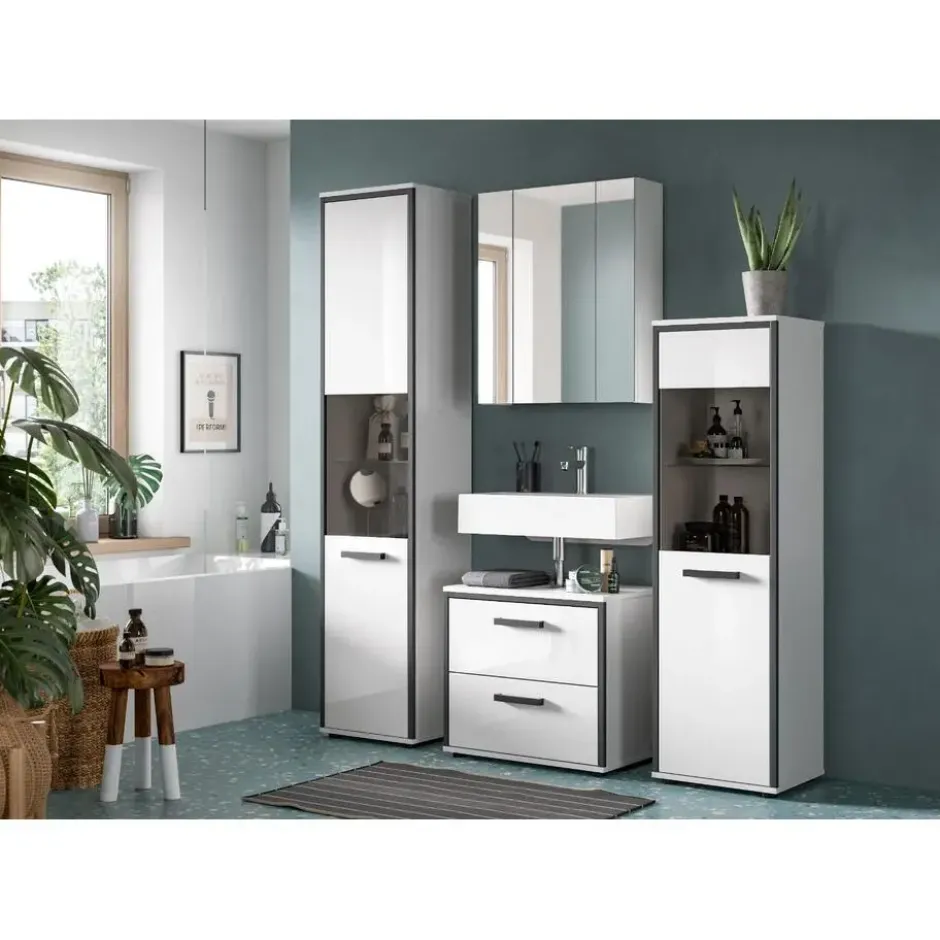 Hioshop Kojak kolomkast 1 glazen deur wit- hoogglans wit