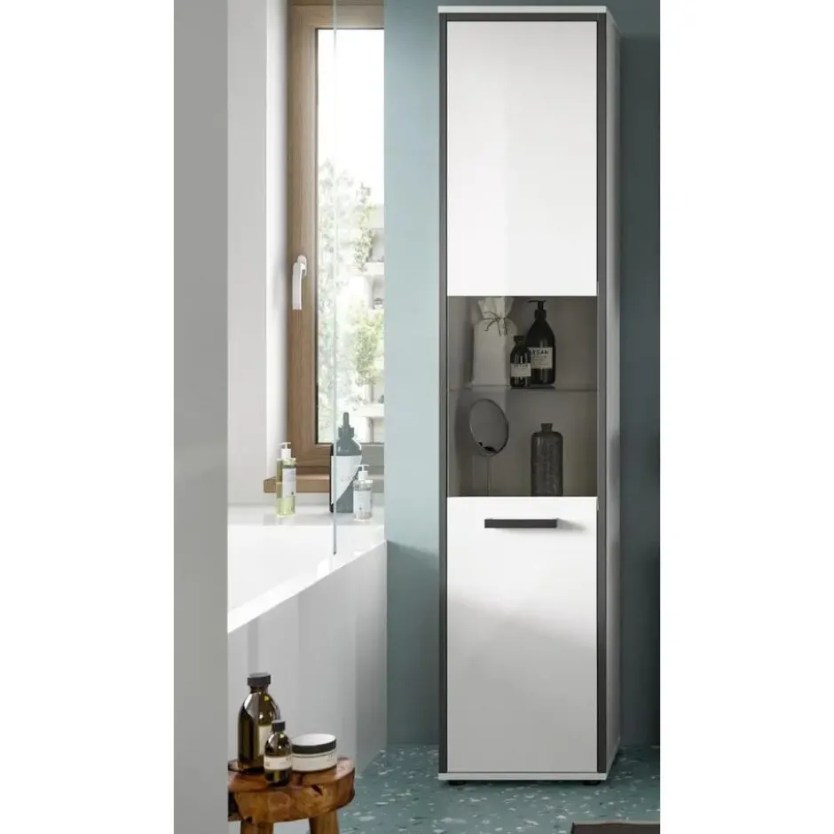 Hioshop Kojak kolomkast 1 glazen deur wit- hoogglans wit