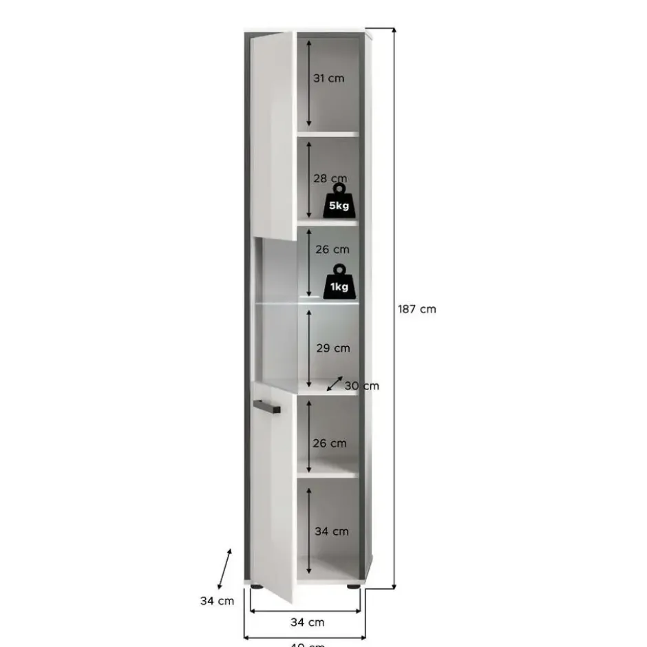 Hioshop Kojak kolomkast incl verlichting 1 glazen deur wit- hoogglans wit