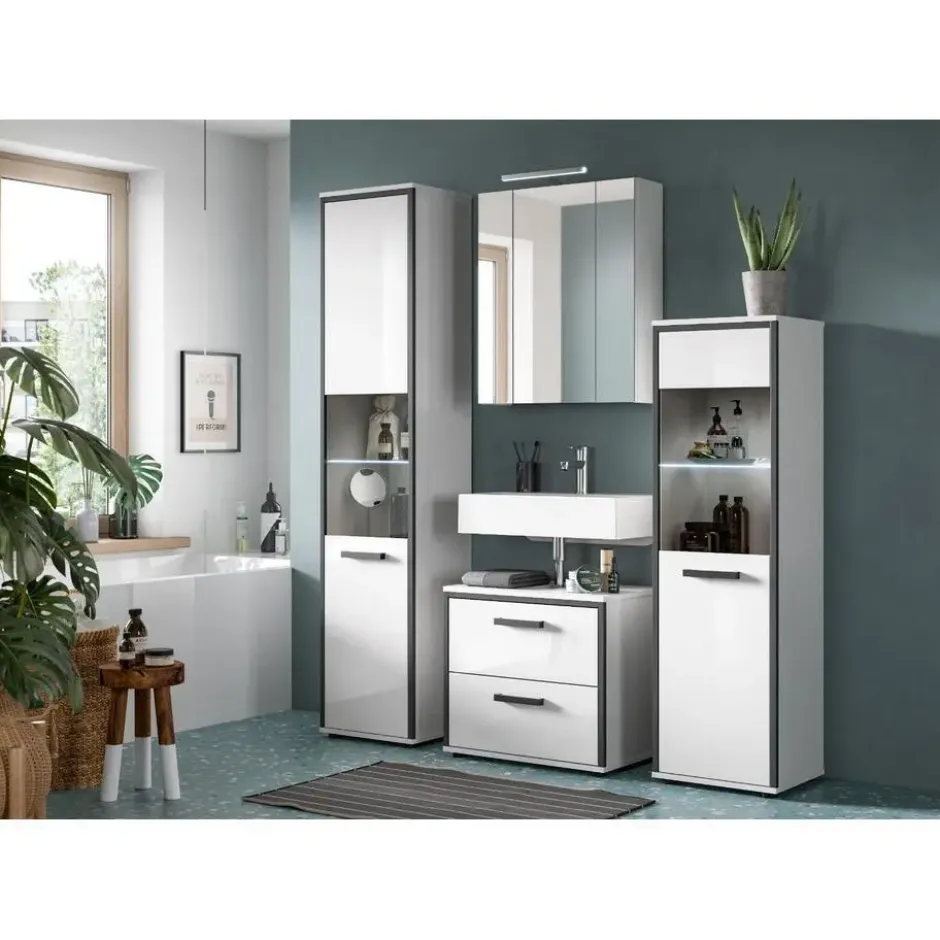 Hioshop Kojak kolomkast incl verlichting 1 glazen deur wit- hoogglans wit