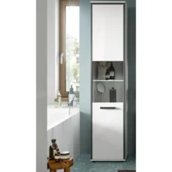Hioshop Kojak kolomkast incl verlichting 1 glazen deur wit- hoogglans wit
