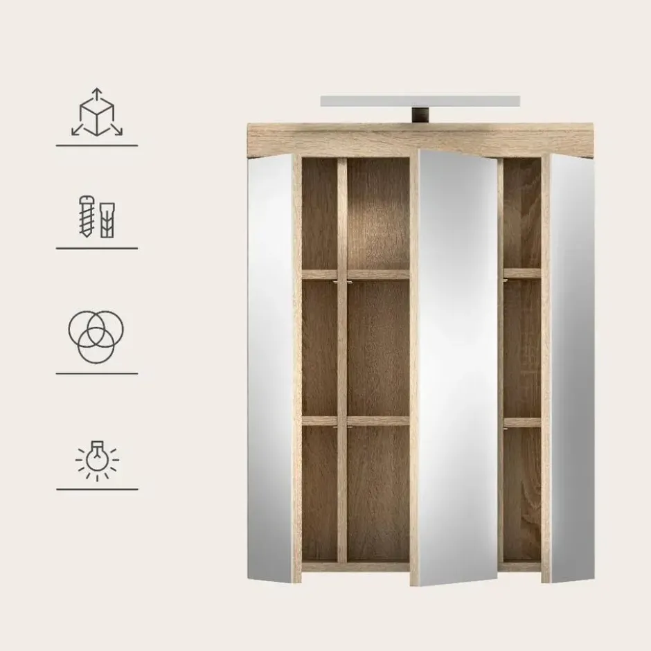 Hioshop Lambada spiegelkast inclusief verlichting 2 deuren- 3 spiegeldeuren- 3