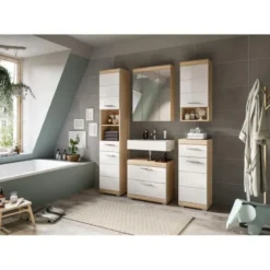 Hioshop Lambada wastafel 2 deuren- 2 lades- 2 planken wit hoogglans- eiken