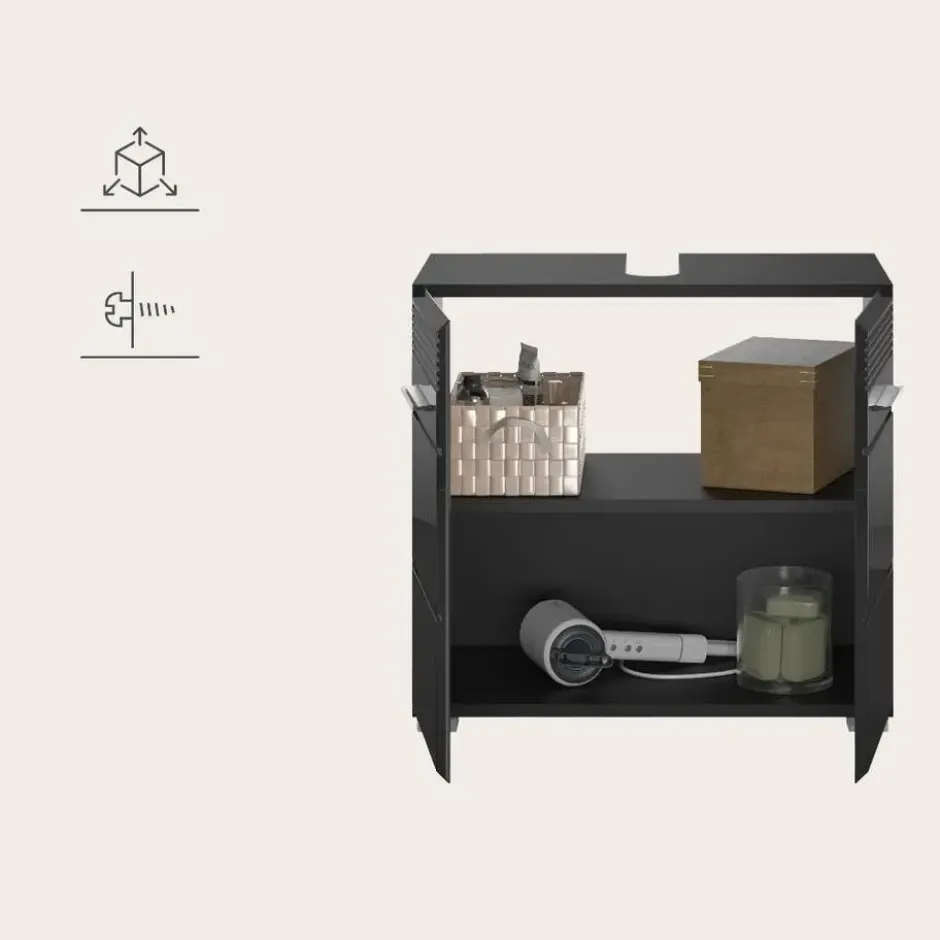 Hioshop Linus wastafel 2 deuren zwart hoogglans- zwart