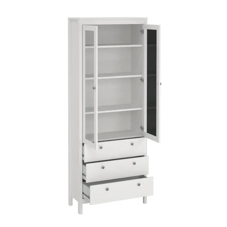 Hioshop Madrid vitrinekast 2 glazen deuren 3 laden wit