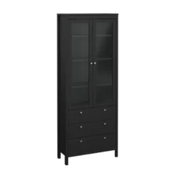 Hioshop Madrid vitrinekast 2 glazen deuren 3 laden zwart mat
