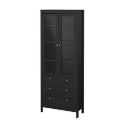 Hioshop Madrid vitrinekast 2 glazen deuren 3 laden zwart mat