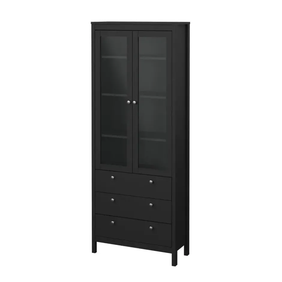 Hioshop Madrid vitrinekast 2 glazen deuren 3 laden zwart mat