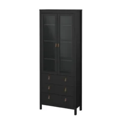 Hioshop Madrid vitrinekast 2 glazen deuren 3 laden zwart mat