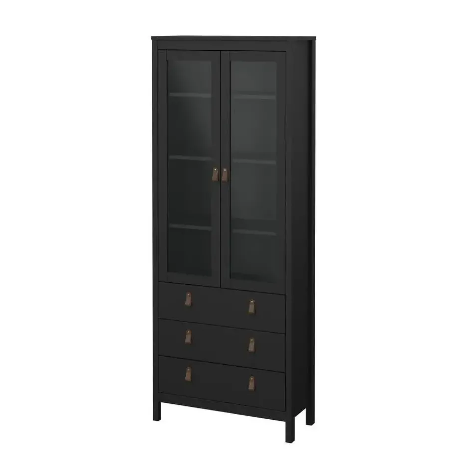 Hioshop Madrid vitrinekast 2 glazen deuren 3 laden zwart mat