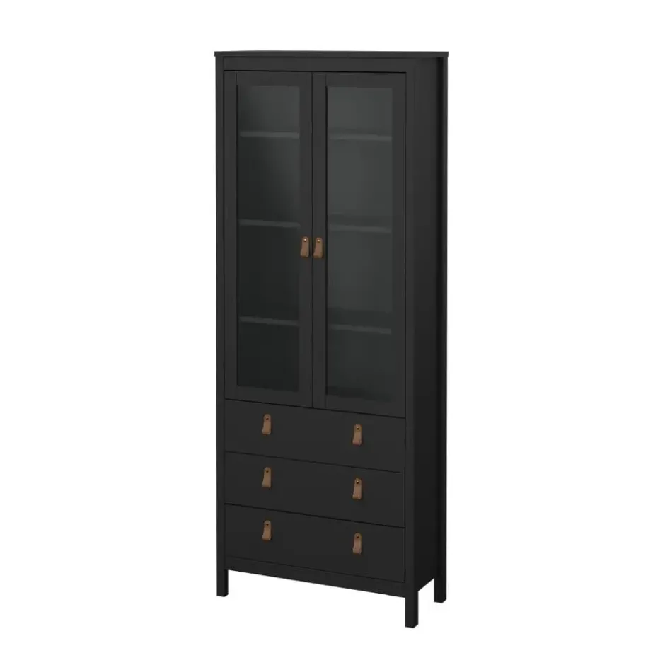 Hioshop Madrid vitrinekast 2 glazen deuren 3 laden zwart mat