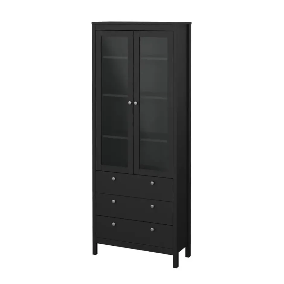 Hioshop Madrid vitrinekast 2 glazen deuren 3 laden zwart mat