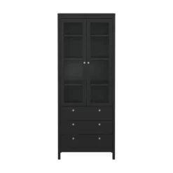 Hioshop Madrid vitrinekast 2 glazen deuren 3 laden zwart mat