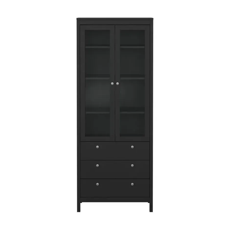 Hioshop Madrid vitrinekast 2 glazen deuren 3 laden zwart mat