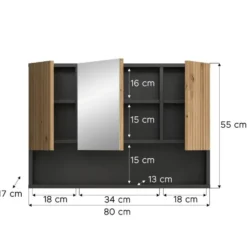 Hioshop Mone spiegelkast 2 deuren- 1 spiegeldeur- 1 plank eiken decor-