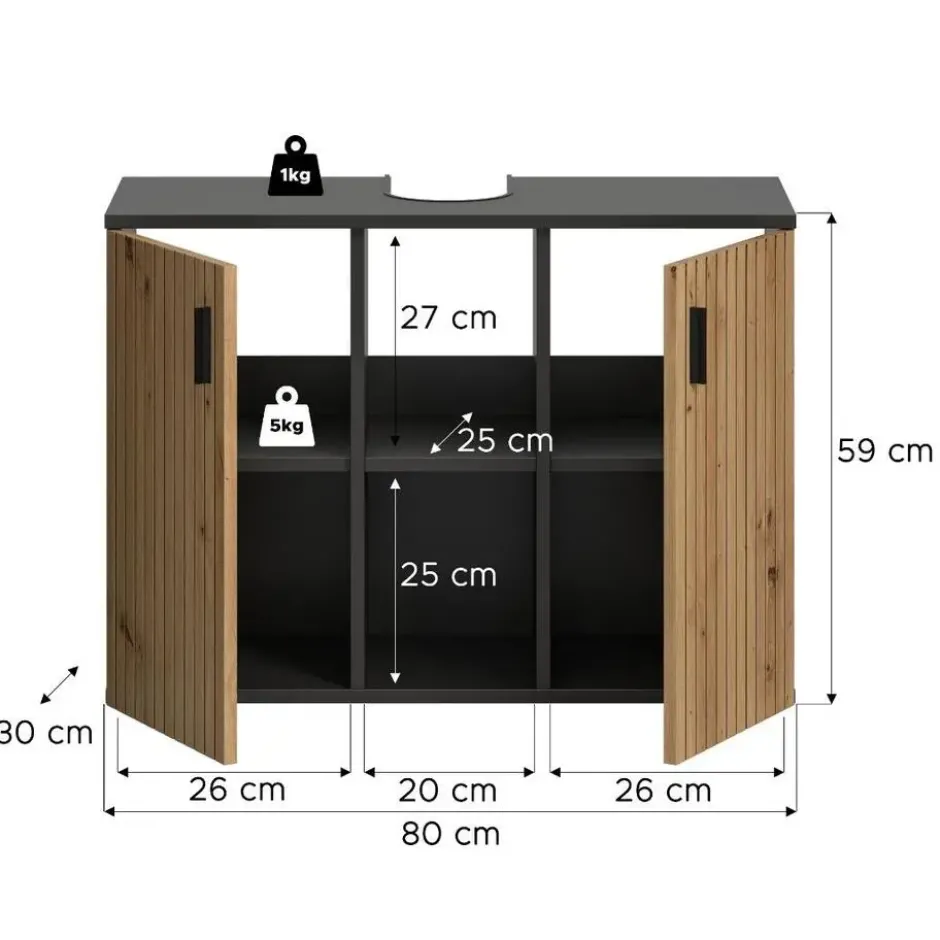 Hioshop Mone wastafel 2 deuren- 2 planken eiken decor- donkergrijs