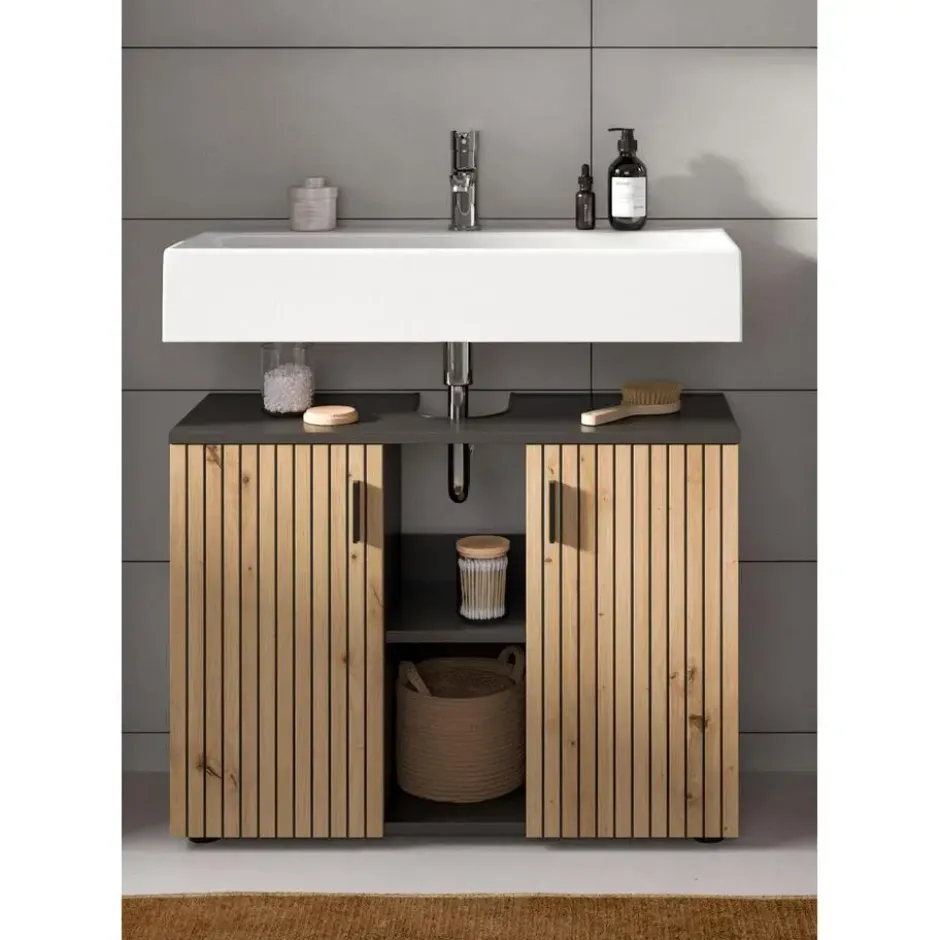 Hioshop Mone wastafel 2 deuren- 2 planken eiken decor- donkergrijs