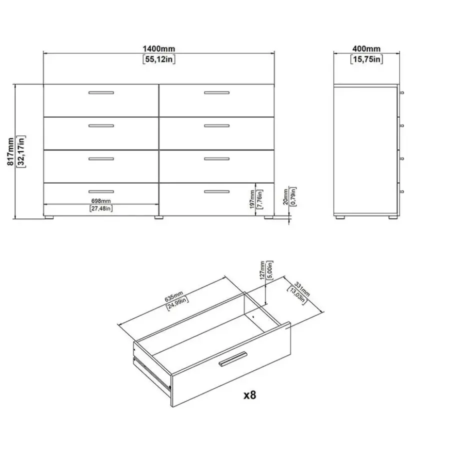 Hioshop Pepe kommode 8 lades walnoot decor