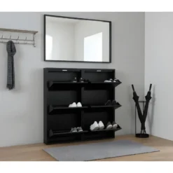 Hioshop Pisa schoenenkast zwart metaal met 3 vakken - set van 2