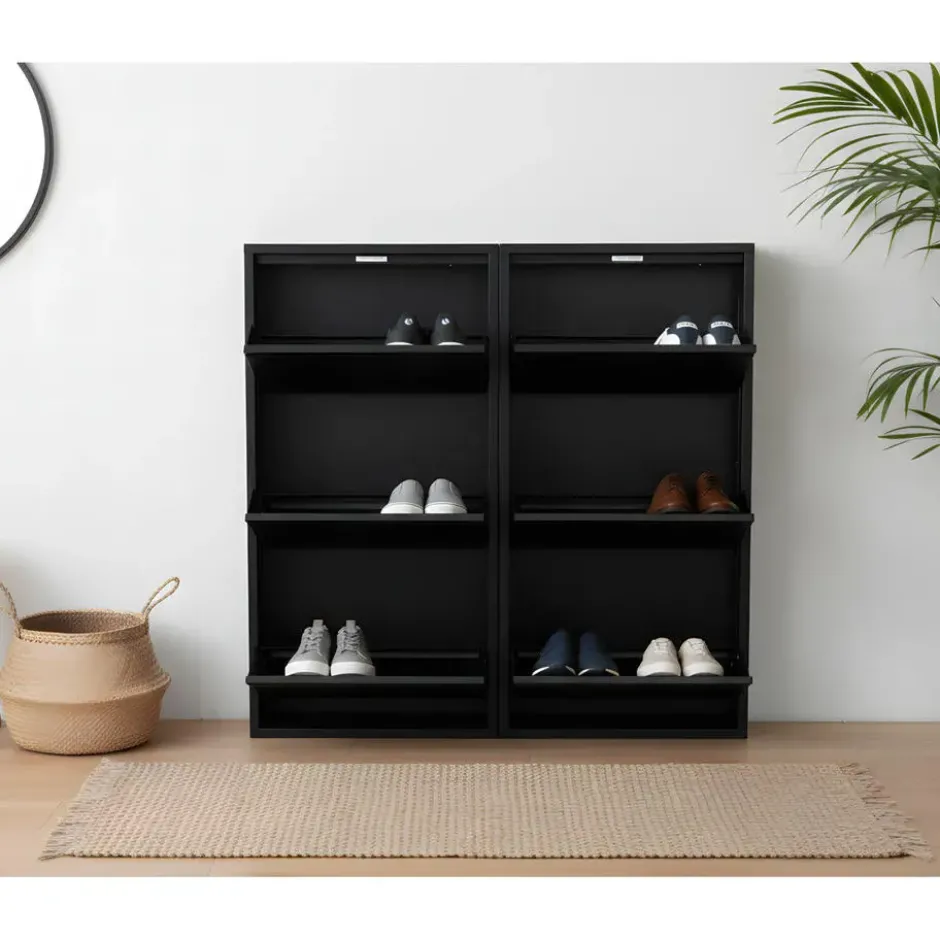 Hioshop Pisa schoenenkast zwart metaal met 3 vakken - set van 2