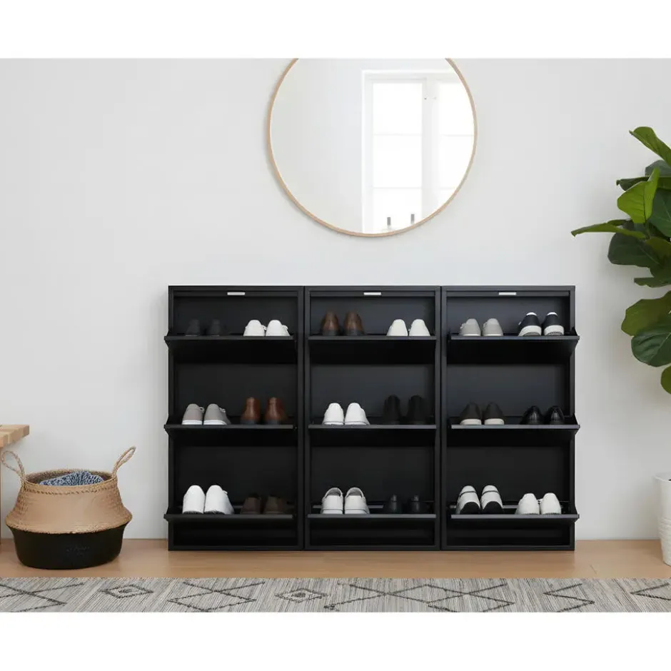Hioshop Pisa schoenenkast zwart metaal met 3 vakken - set van 3