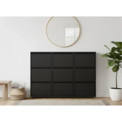 Hioshop Pisa schoenenkast zwart metaal met 3 vakken - set van 3