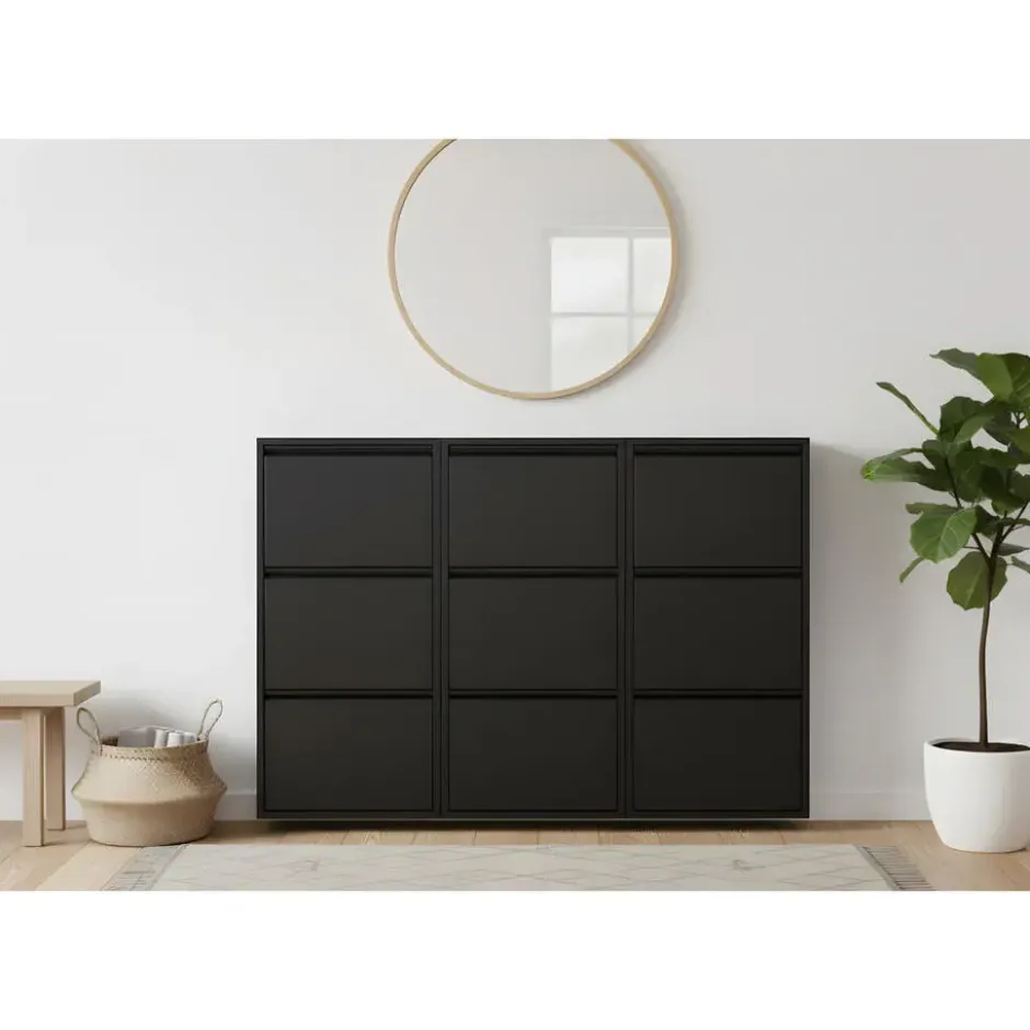 Hioshop Pisa schoenenkast zwart metaal met 3 vakken - set van 3