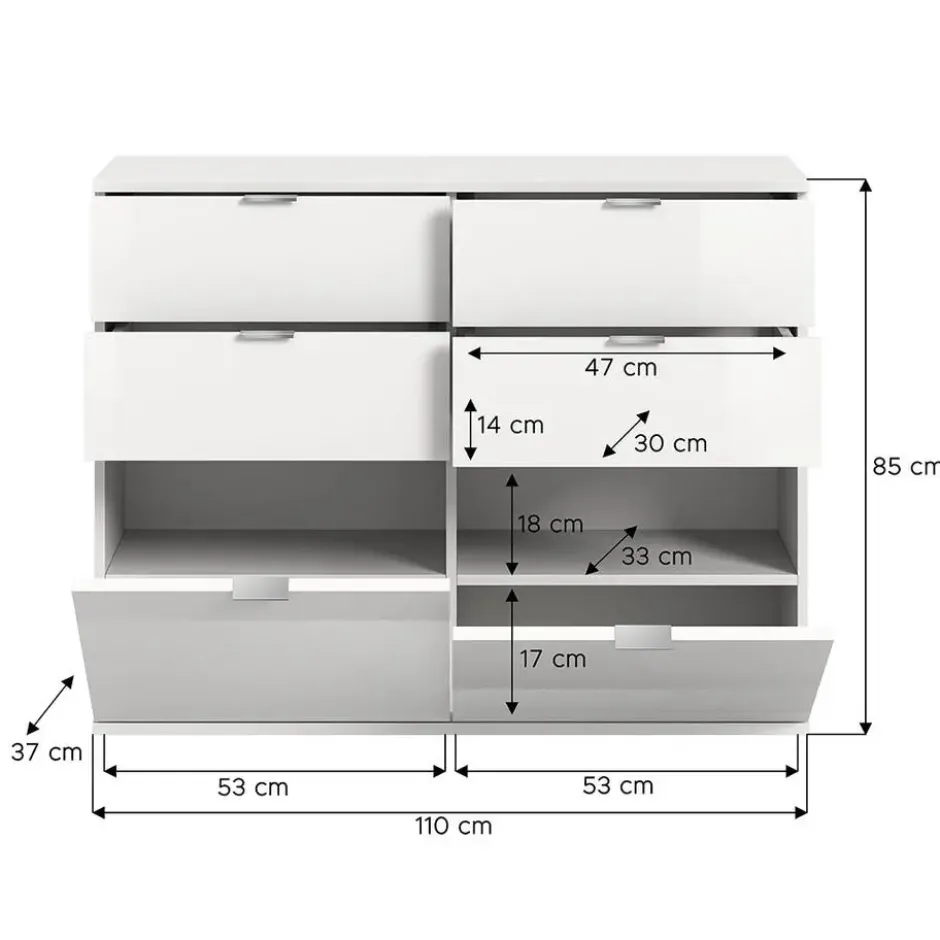 Hioshop ProjektX schoenenkast 4 laden 2 klepdeuren wit hoogglans