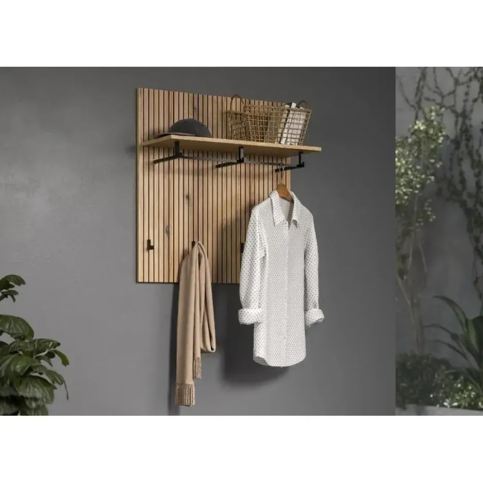 Hioshop PureBliss kapstok 1 plank- 1 kleerhanger- 4 haken eiken decor
