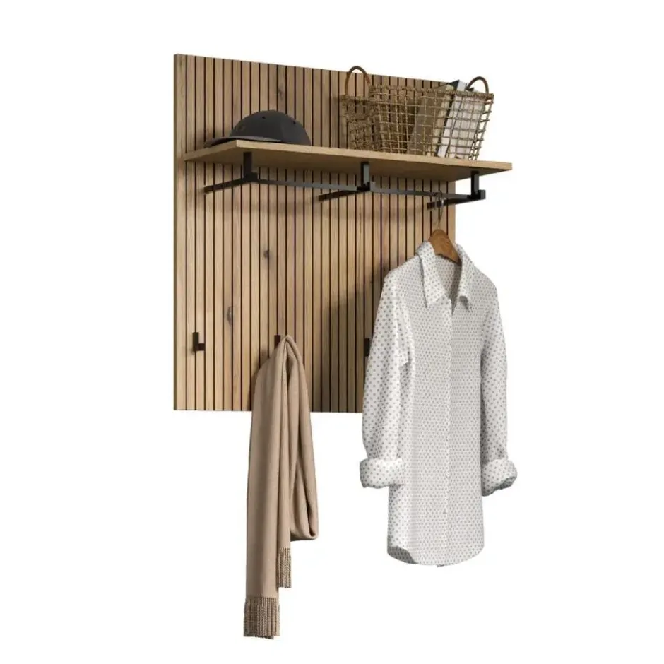 Hioshop PureBliss kapstok 1 plank- 1 kleerhanger- 4 haken eiken decor