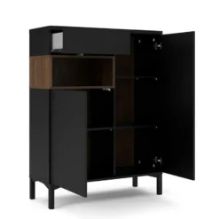 Hioshop Ringe dressoir 2 deuren- 1 lade en 1 vak zwart en walnoot decor