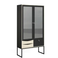 Hioshop Sady vitrinekast 2 glazen deuren- 3 lades mat zwart- eiken decor