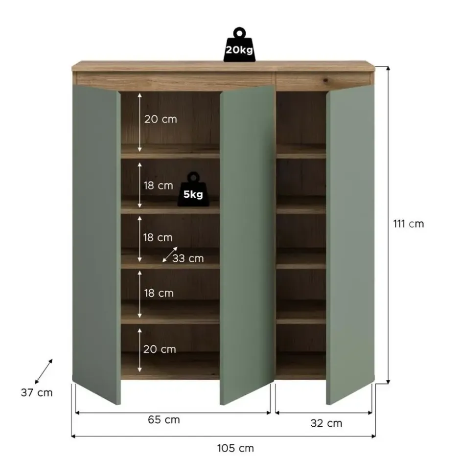 Hioshop Scarpa dressoir 3 deuren eik decor- stoffig groen