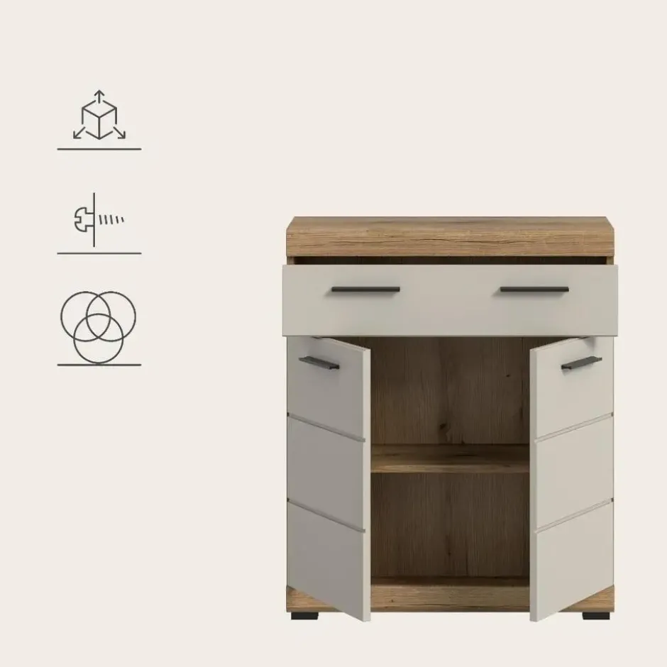 Hioshop Scout badkamerkast 2 deuren- 1 lade kasjmier decor mat- eiken decor