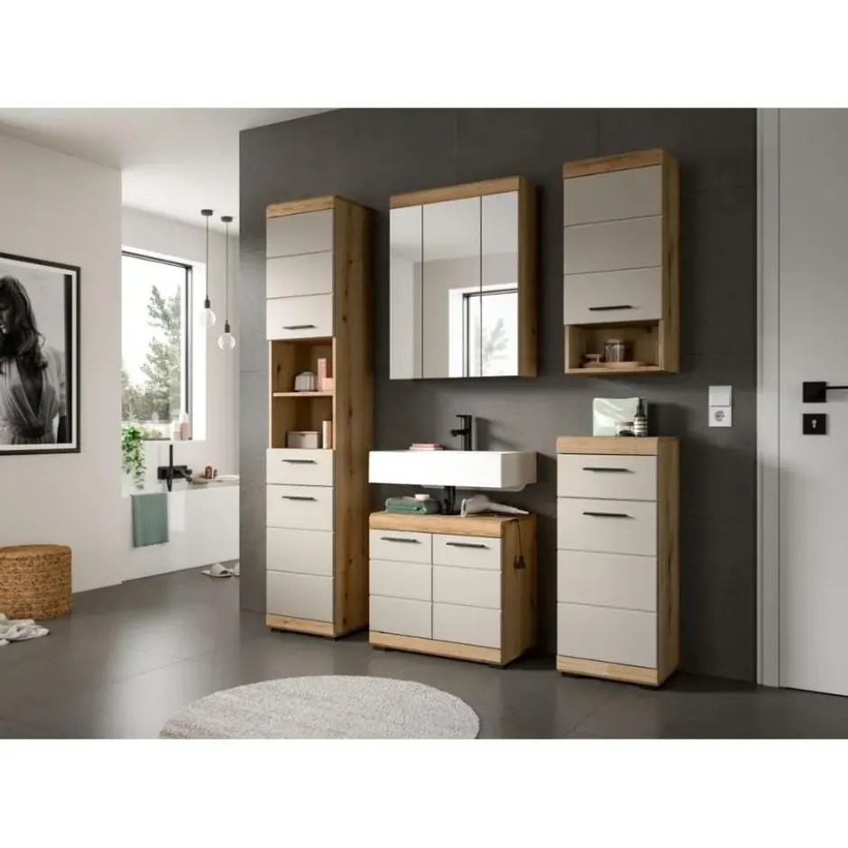 Hioshop Scout badkamerkast 1 deur- 1 lade kasjmier decor mat- eiken decor