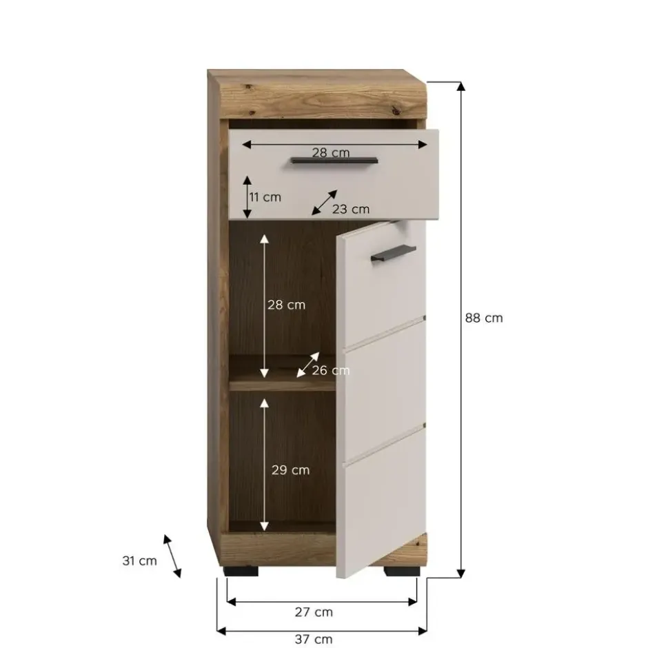 Hioshop Scout badkamerkast 1 deur- 1 lade kasjmier decor mat- eiken decor