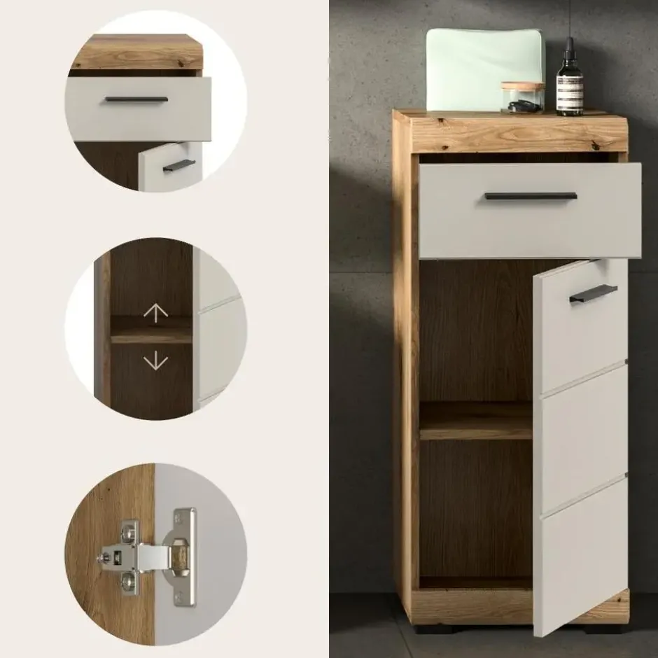 Hioshop Scout badkamerkast 1 deur- 1 lade kasjmier decor mat- eiken decor