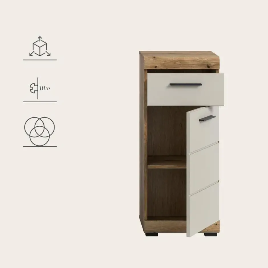 Hioshop Scout badkamerkast 1 deur- 1 lade kasjmier decor mat- eiken decor