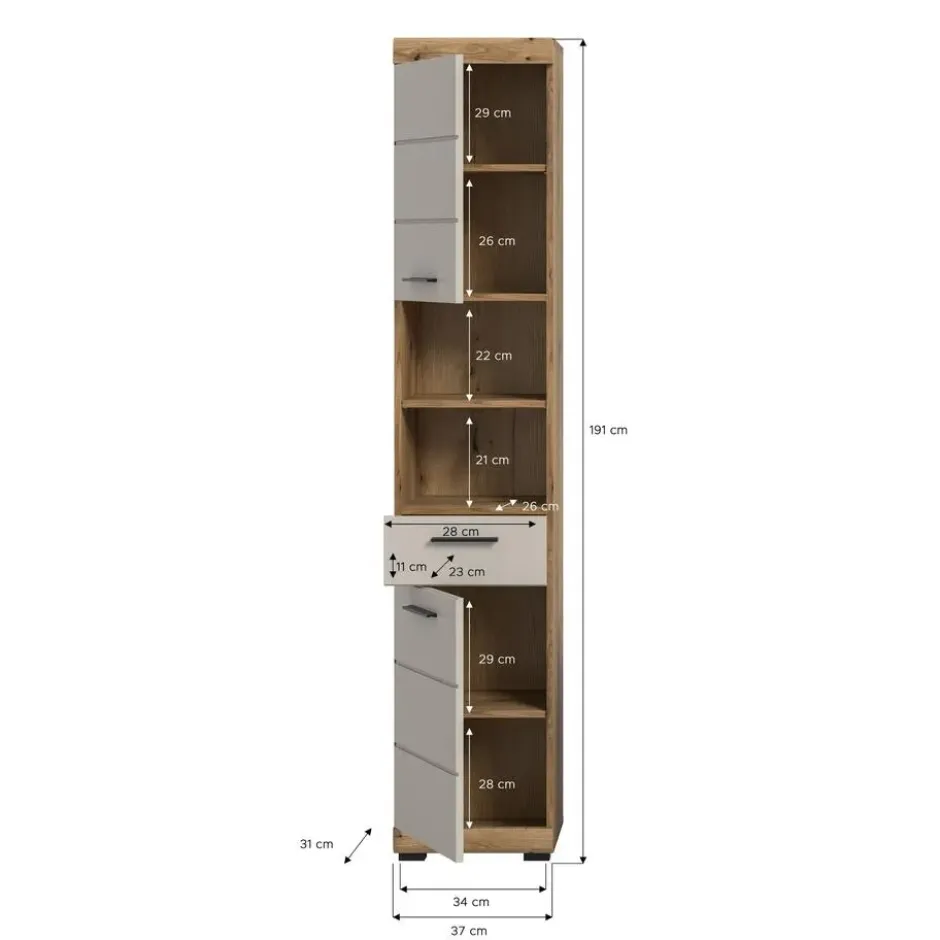 Hioshop Scout kolomkast 2 deuren- 1 lade- 2 planken kasjmier decor mat- eiken