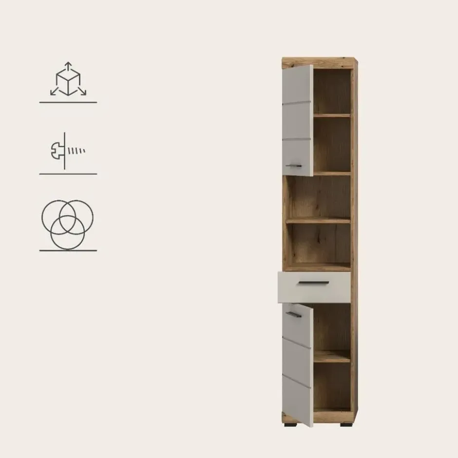 Hioshop Scout kolomkast 2 deuren- 1 lade- 2 planken kasjmier decor mat- eiken