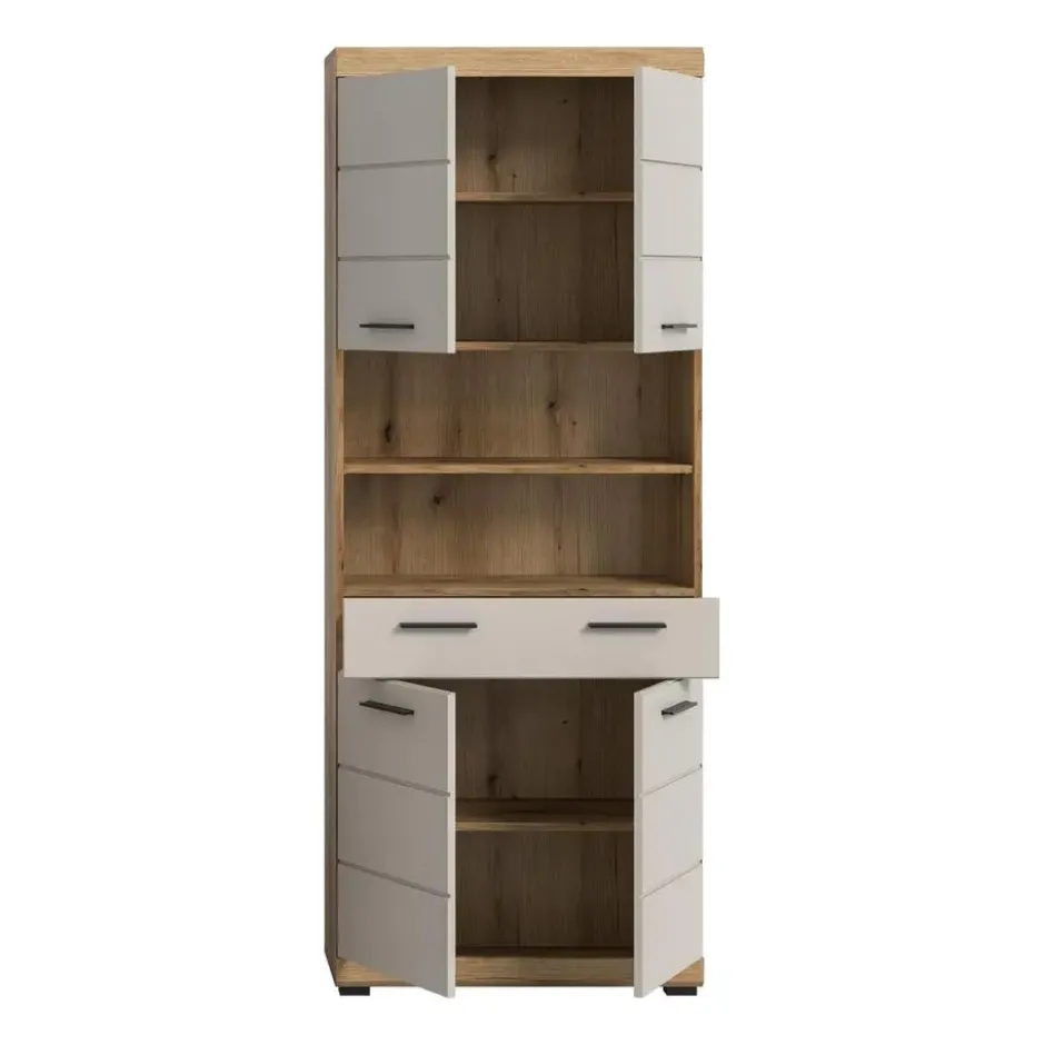 Hioshop Scout kolomkast 4 deuren- 1 lade- 2 planken kasjmier decor mat- eiken