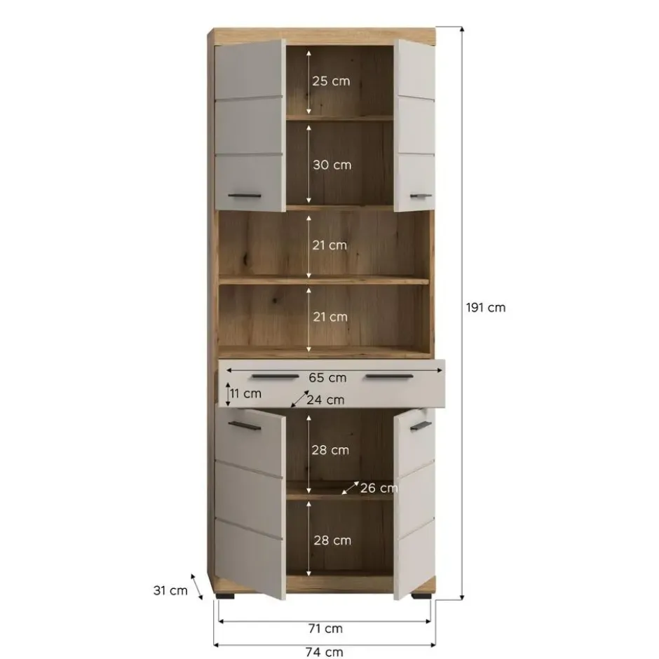 Hioshop Scout kolomkast 4 deuren- 1 lade- 2 planken kasjmier decor mat- eiken