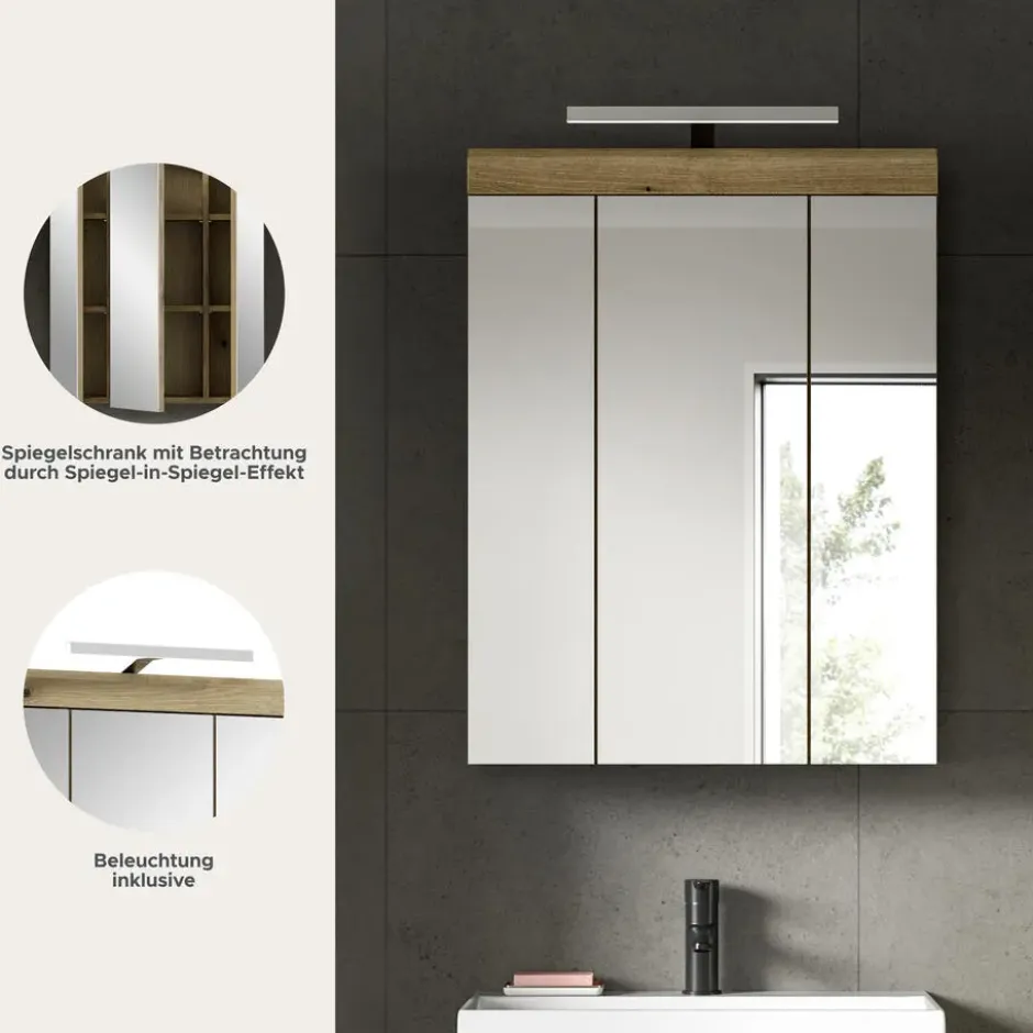 Hioshop Scout spiegelkast inclusief verlichting 3 spiegeldeuren eiken decor