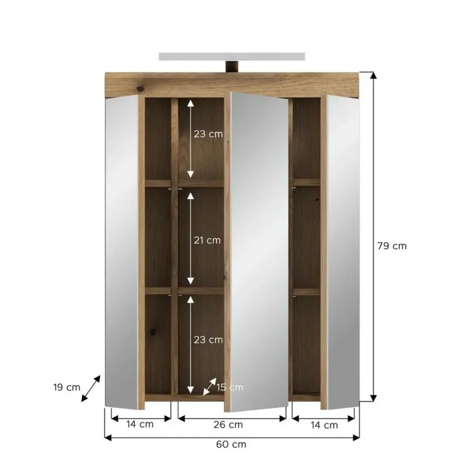 Hioshop Scout spiegelkast inclusief verlichting 3 spiegeldeuren eiken decor