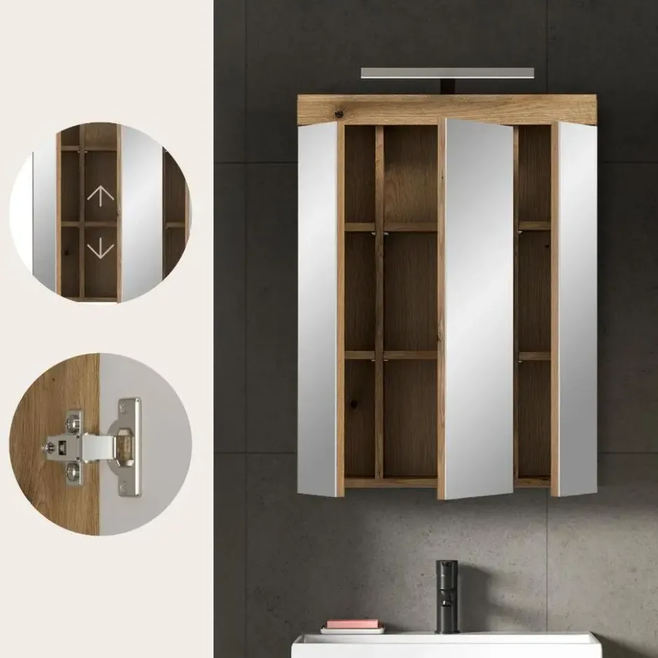 Hioshop Scout spiegelkast inclusief verlichting 3 spiegeldeuren eiken decor