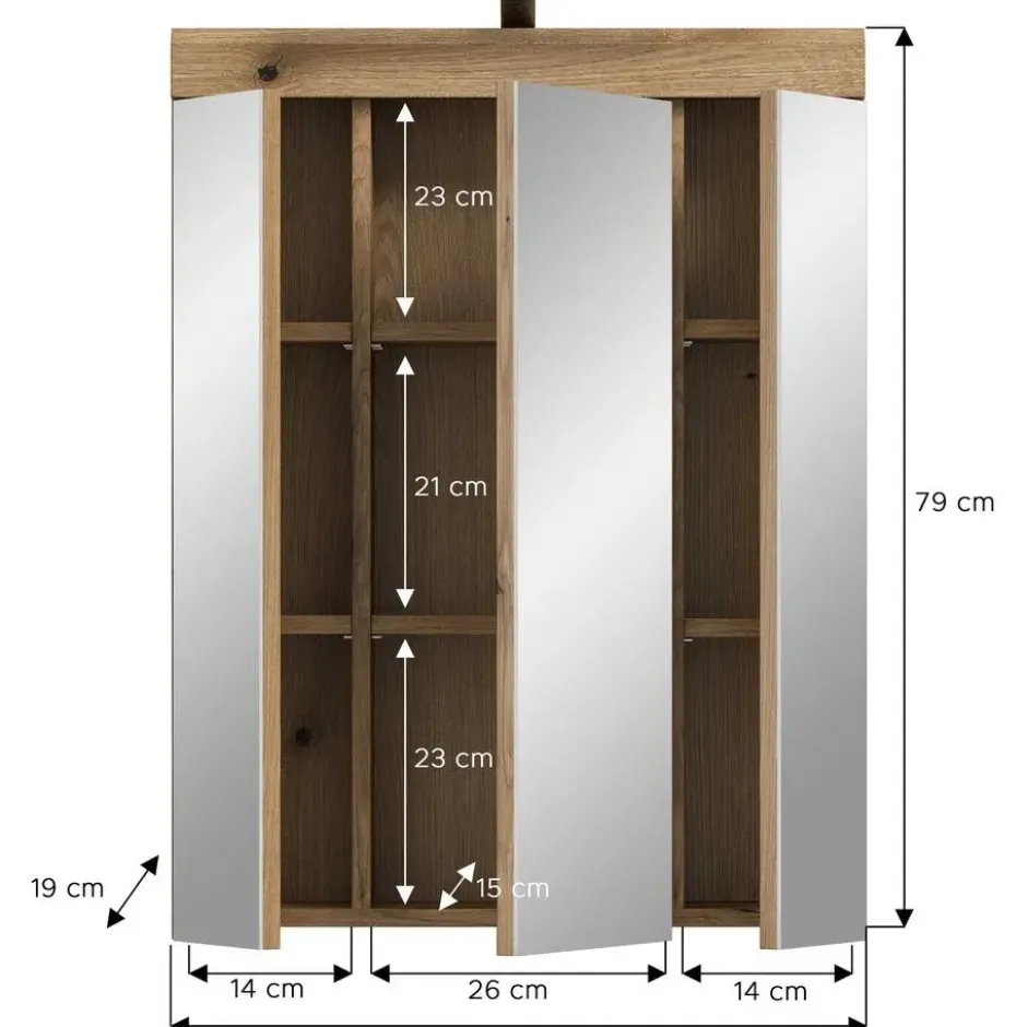 Hioshop Scout spiegelkast inclusief verlichting 3 spiegeldeuren eiken decor
