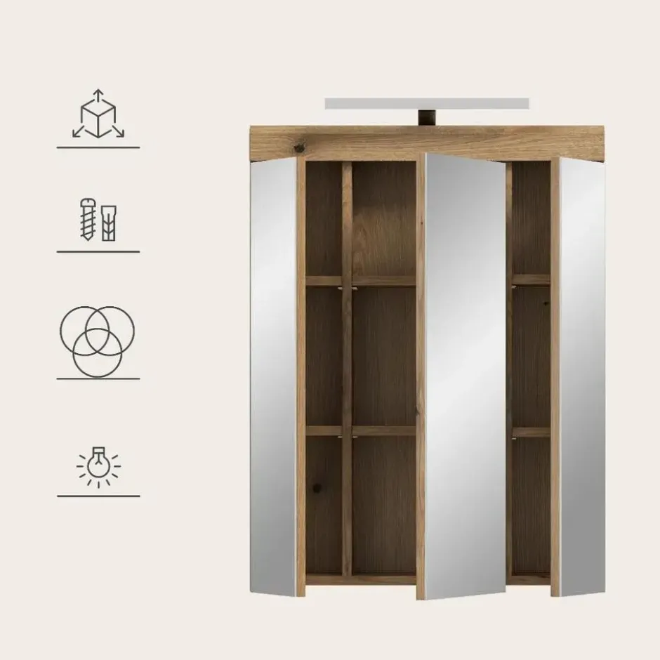 Hioshop Scout spiegelkast inclusief verlichting 3 spiegeldeuren eiken decor