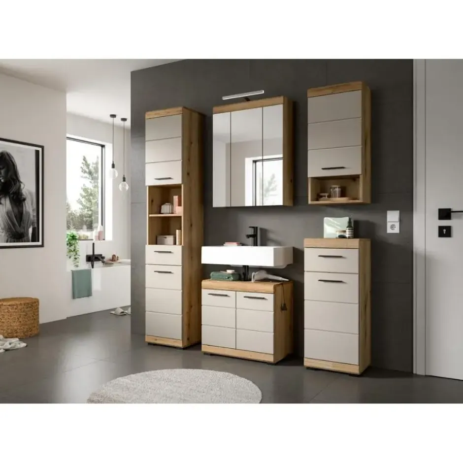 Hioshop Scout spiegelkast inclusief verlichting 3 spiegeldeuren eiken decor