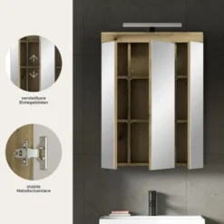 Hioshop Scout spiegelkast inclusief verlichting 3 spiegeldeuren eiken decor
